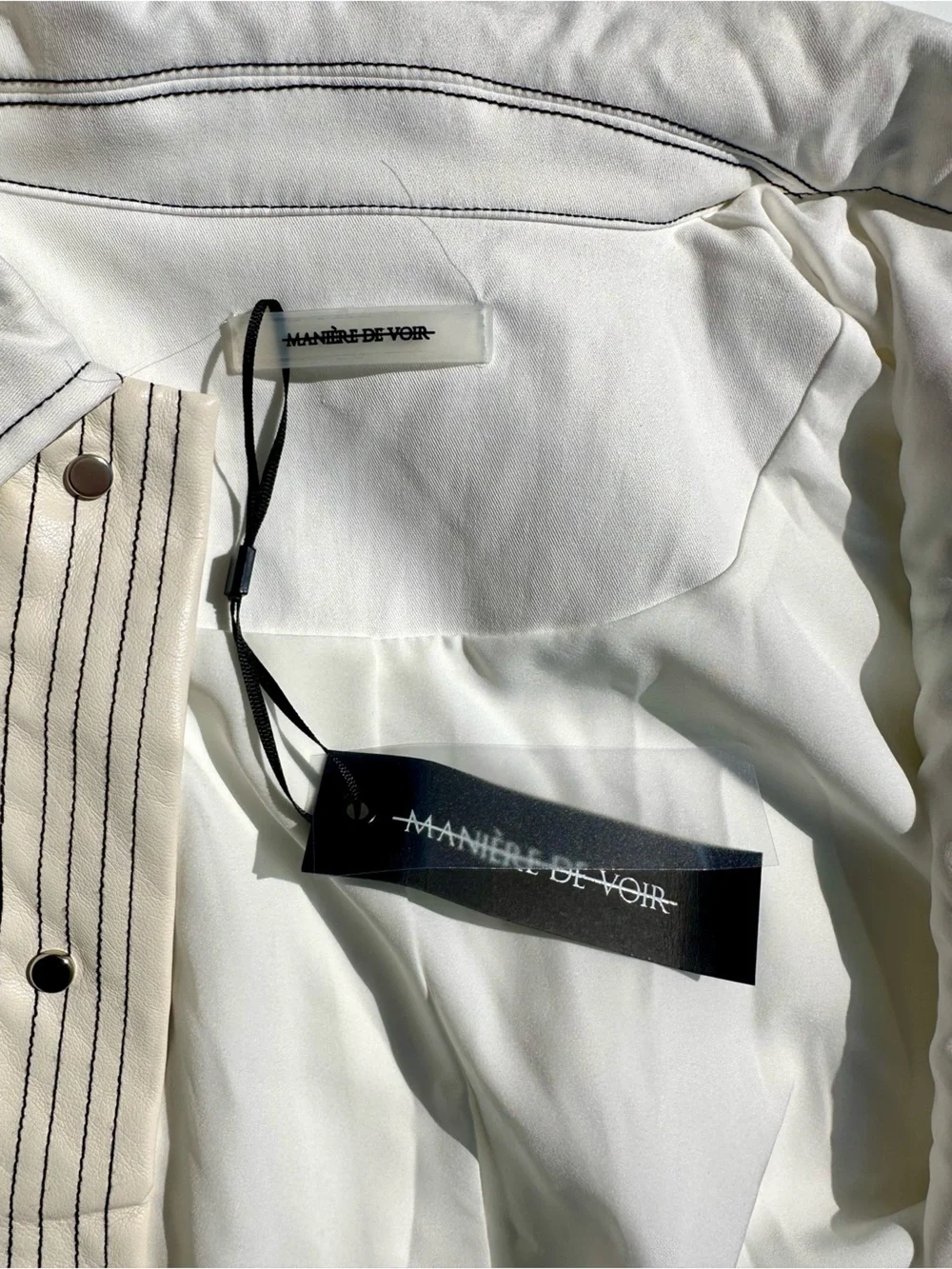 NWT Maniere De Voir White Long Coated Field Jacket Faux Leather Black Stitching